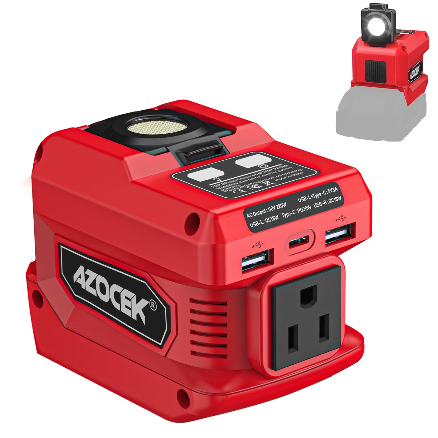 220W Azocek Power Inverter Compatible with Milwaukee 18V Battery(Battery not Included), DC 18V to AC 110V Power Inverter with 1 AC Outlet, 2 USB Ports & 1 Type-C Fast Charging, 400LM LED Work Light