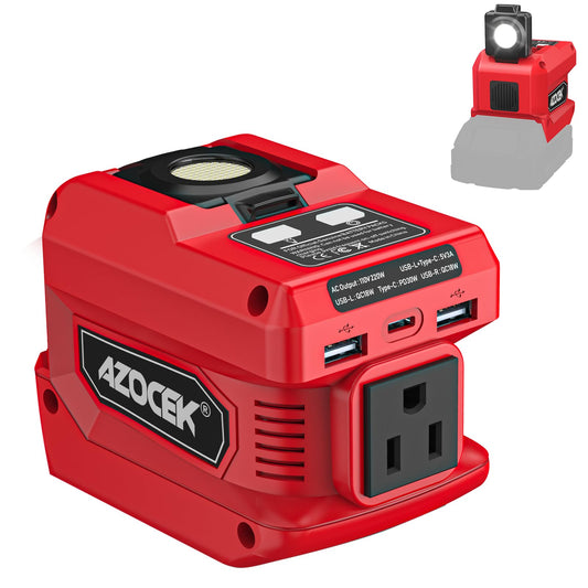 220W Azocek Power Inverter Compatible with Milwaukee 18V Battery(Battery not Included), DC 18V to AC 110V Power Inverter with 1 AC Outlet, 2 USB Ports & 1 Type-C Fast Charging, 400LM LED Work Light