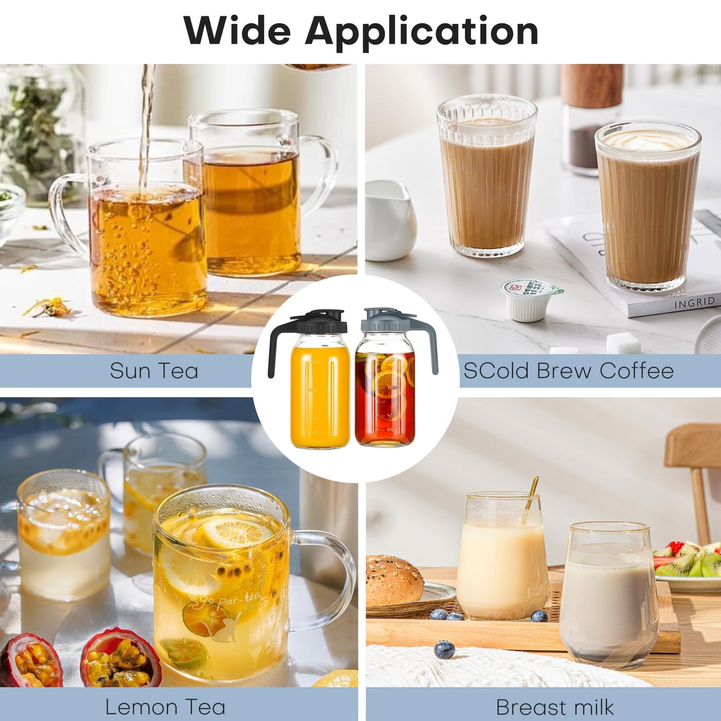 Fenhupe 64OZ Glass Mason Jar Pitcher with Lid, Leak-Proof Airtight Wide Mouth Jug for Cold Brew & Iced Tea, Milk, Juice and Sun Tea, Set of 2