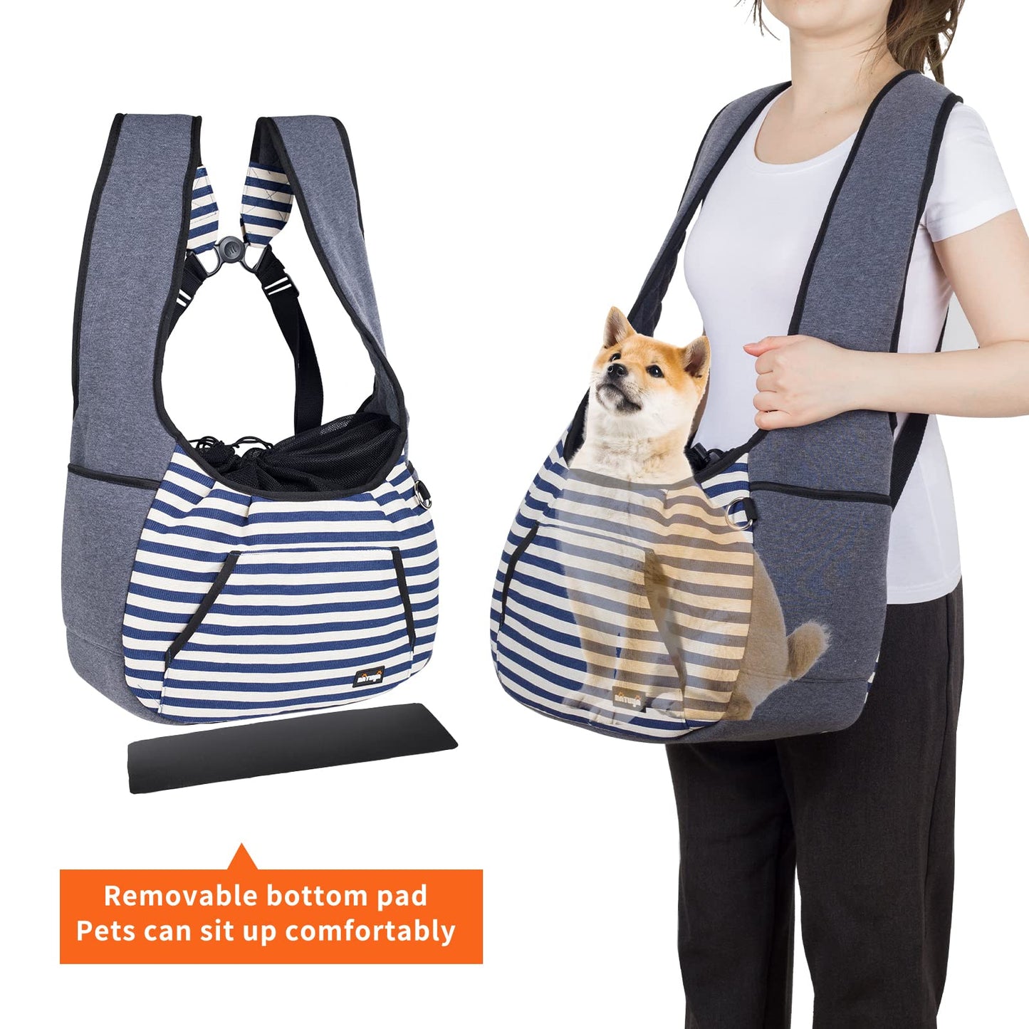 Dog and Cat Sling Carrier - Adjustable Pet Front Travel Bag With Bottom Pad for Small Pets 5-15 Lb - Blue Strip