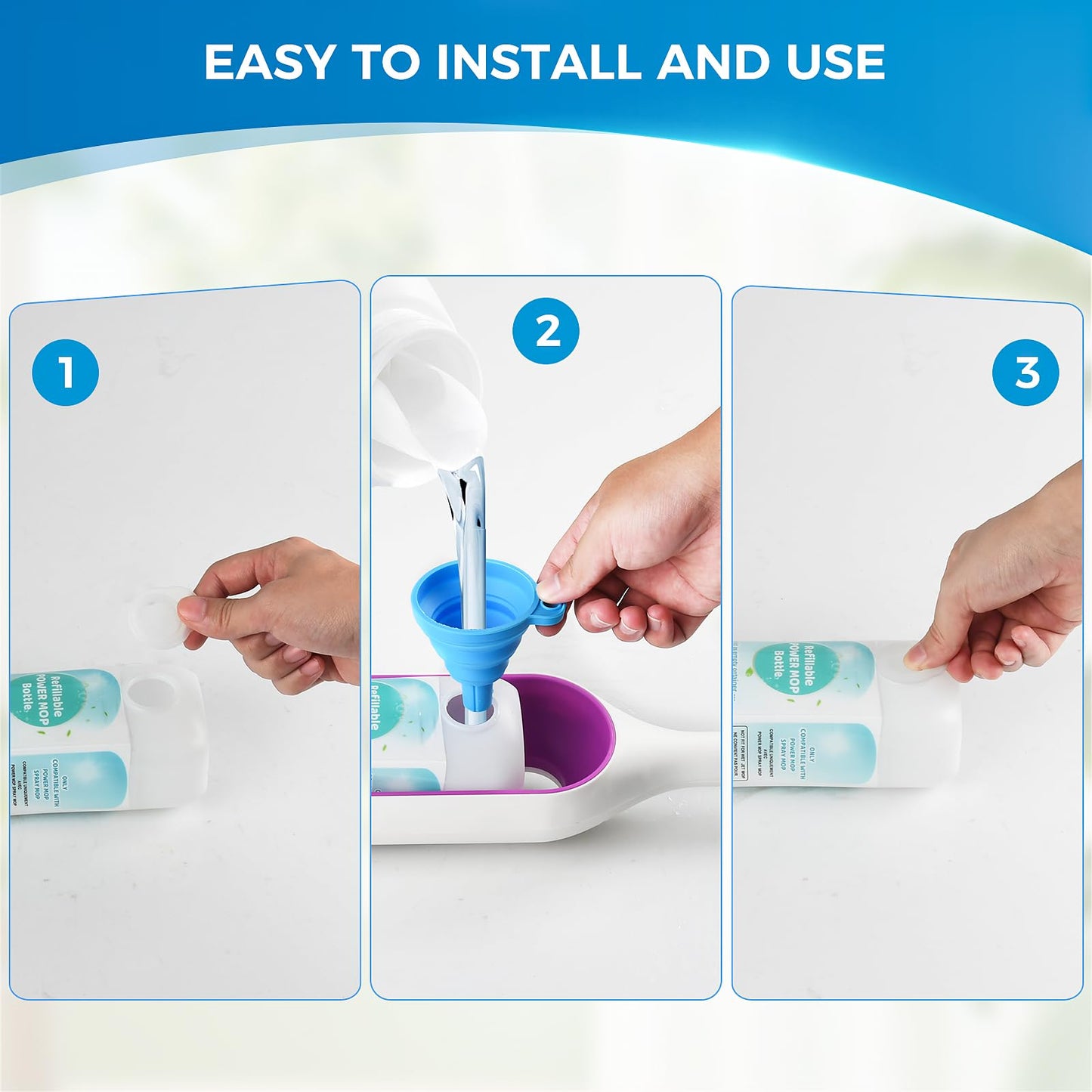 Refillable Bottle for Swiffer Power Mop - 720 ML/24 FL OZ - Leak-Proof HDPE Material Solution Bottle, 1 Empty Bottle + 6 Silicone Pads + 1 Foldable Funnel