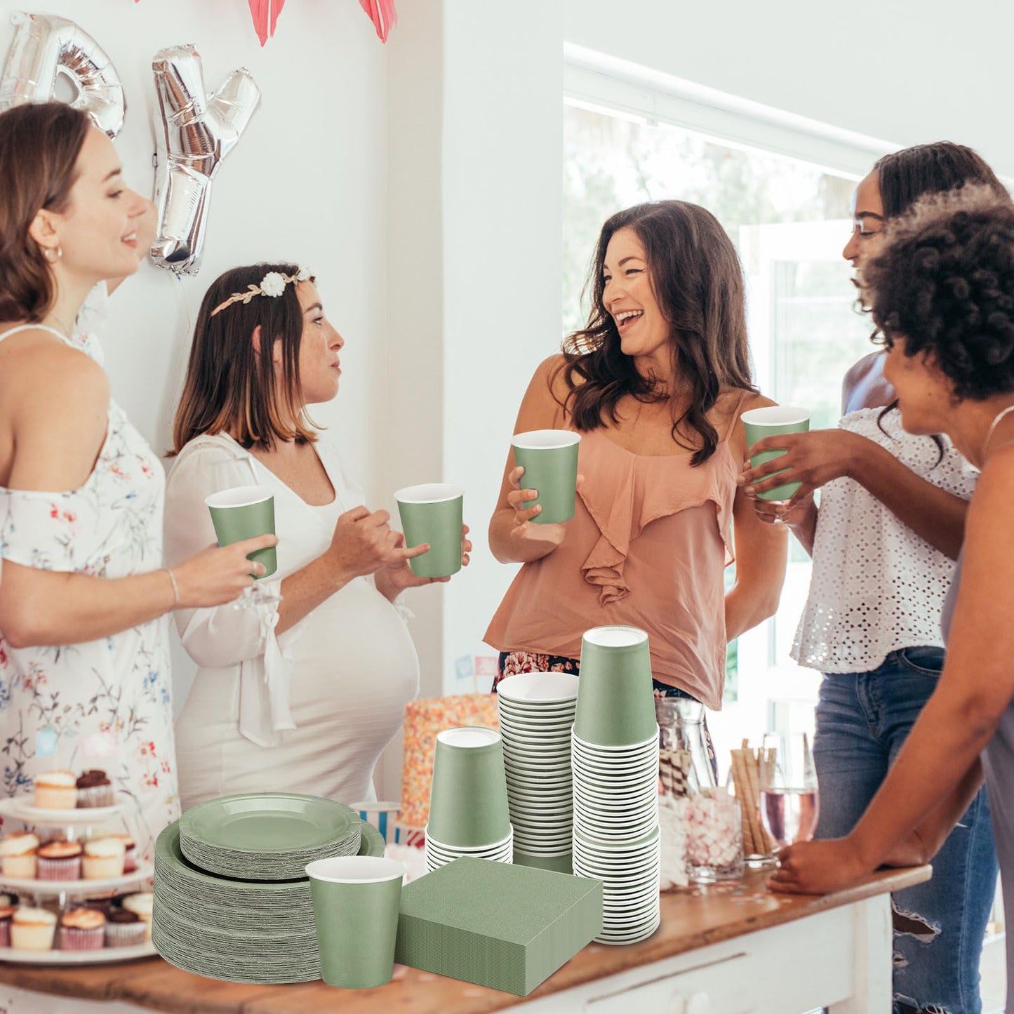 Dandat 200 Pcs Sage Green Paper Plates and Napkins Set, Disposable Dinnerware Includes 7'' & 9'' Paper Plates, Cups, Napkins for Birthday, Baby Shower, Wedding Party(Sage Green)