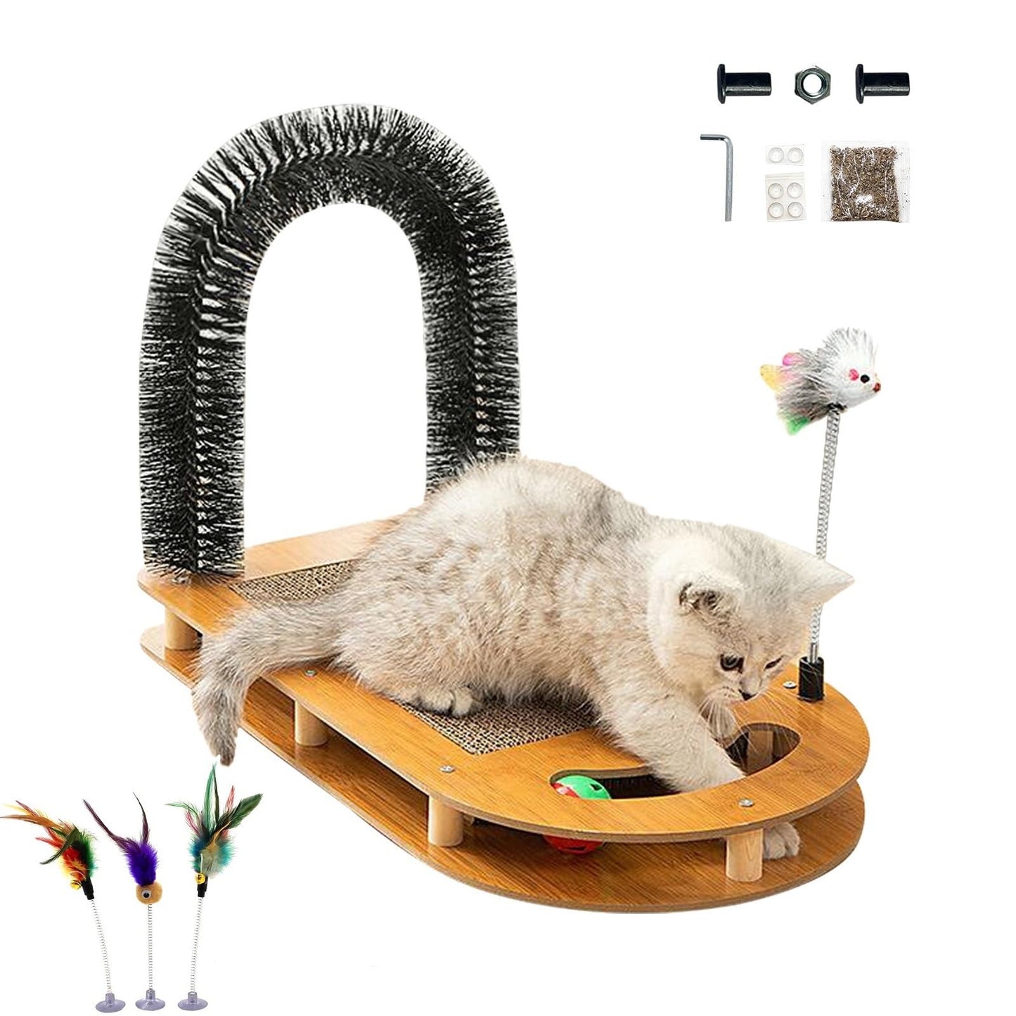 Cat Scratching Board with Cat Arch Self Groomer and Kitty Ball Toys, cat Scratcher Cardboard for Indoor Cats, Eco-Friendly Wood, Durable, Stable and Non-Slip, cat Scratcher Pad