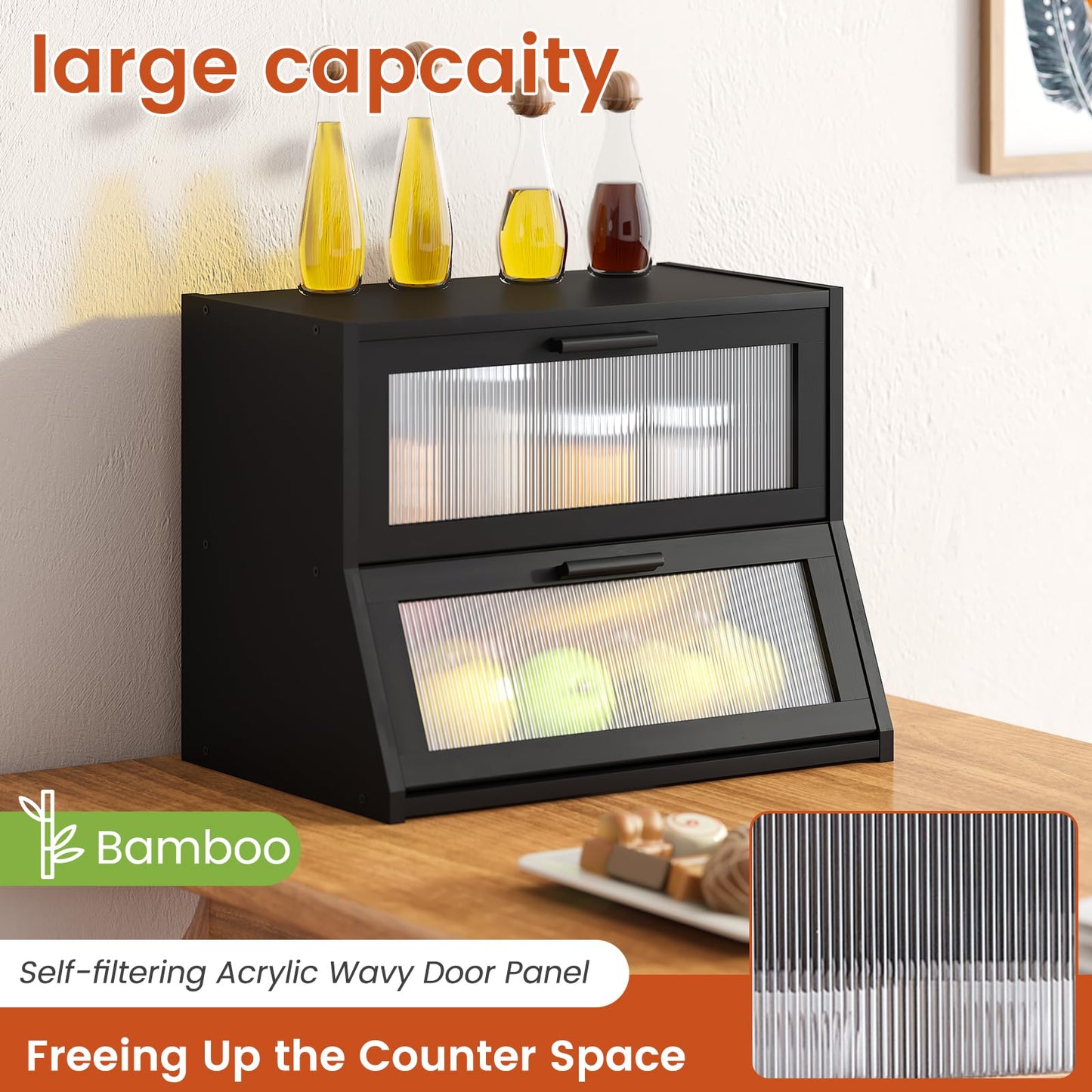 GHWIE Double Layer Bamboo Bread Box for Kitchen Counter,Large Capacity Bread Storage Bin,Bread Container with Acrylic Wavy Door Panel (Black, Medium)