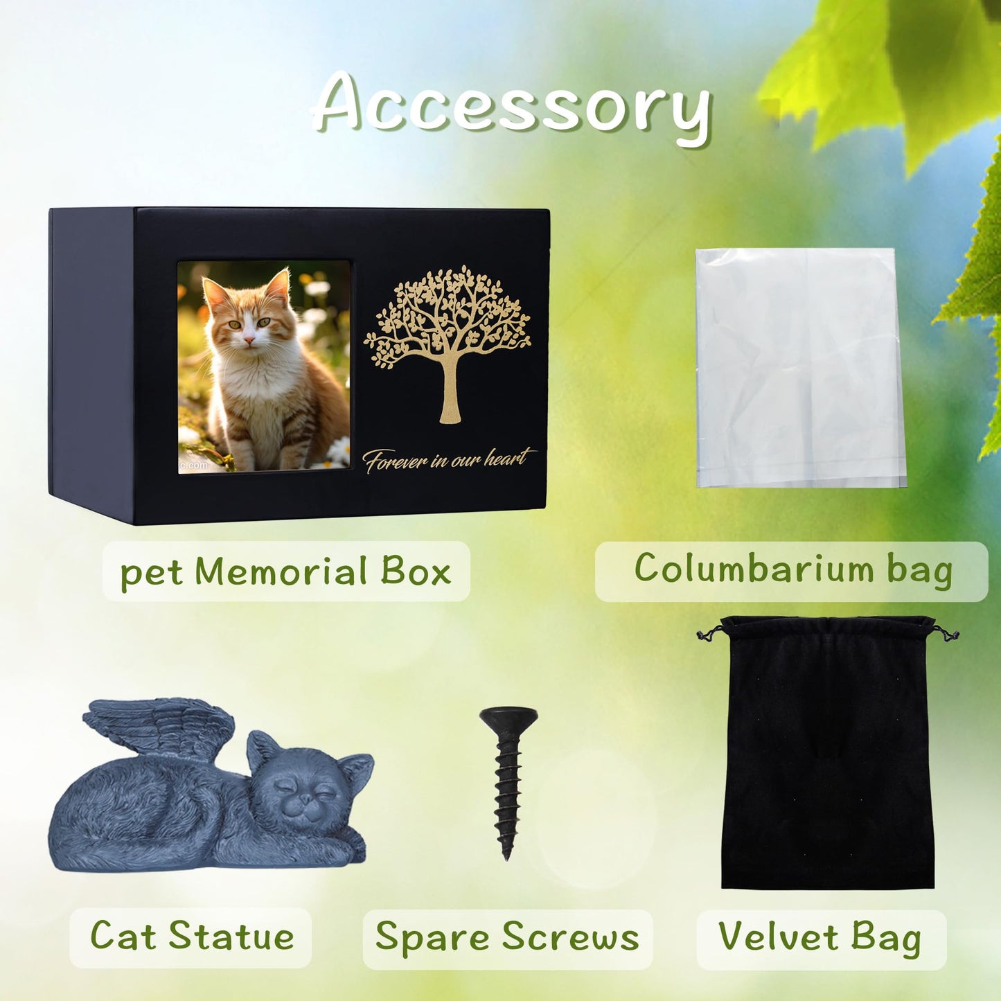 DiDiBirDi Pet Urns for Cats, Tree Pattern Wooden Keepsake with Photo Frame, Pet Ashes Keepsake Memory Box with Resin Animal Statue and Sealed Storage Bags (75lbs)（Black）