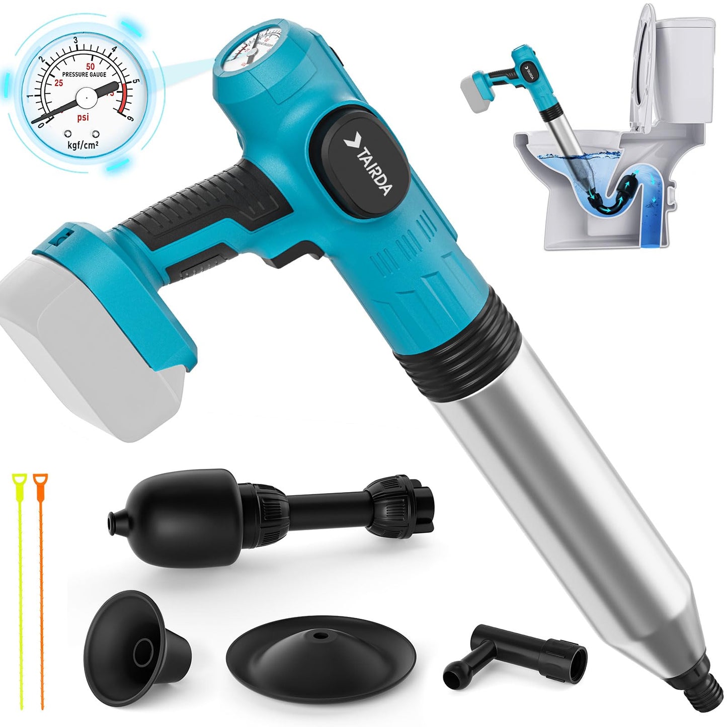 Cordless Toilet Plunger Compatible for makita 18v Battery(NO Battery), Air High-Pressure Drain Cleaner Sewer Dredge Tool for Toilet,Bathtub,Shower Kitchen Sink Cleaning with 4 Sucker(Bare Tool)