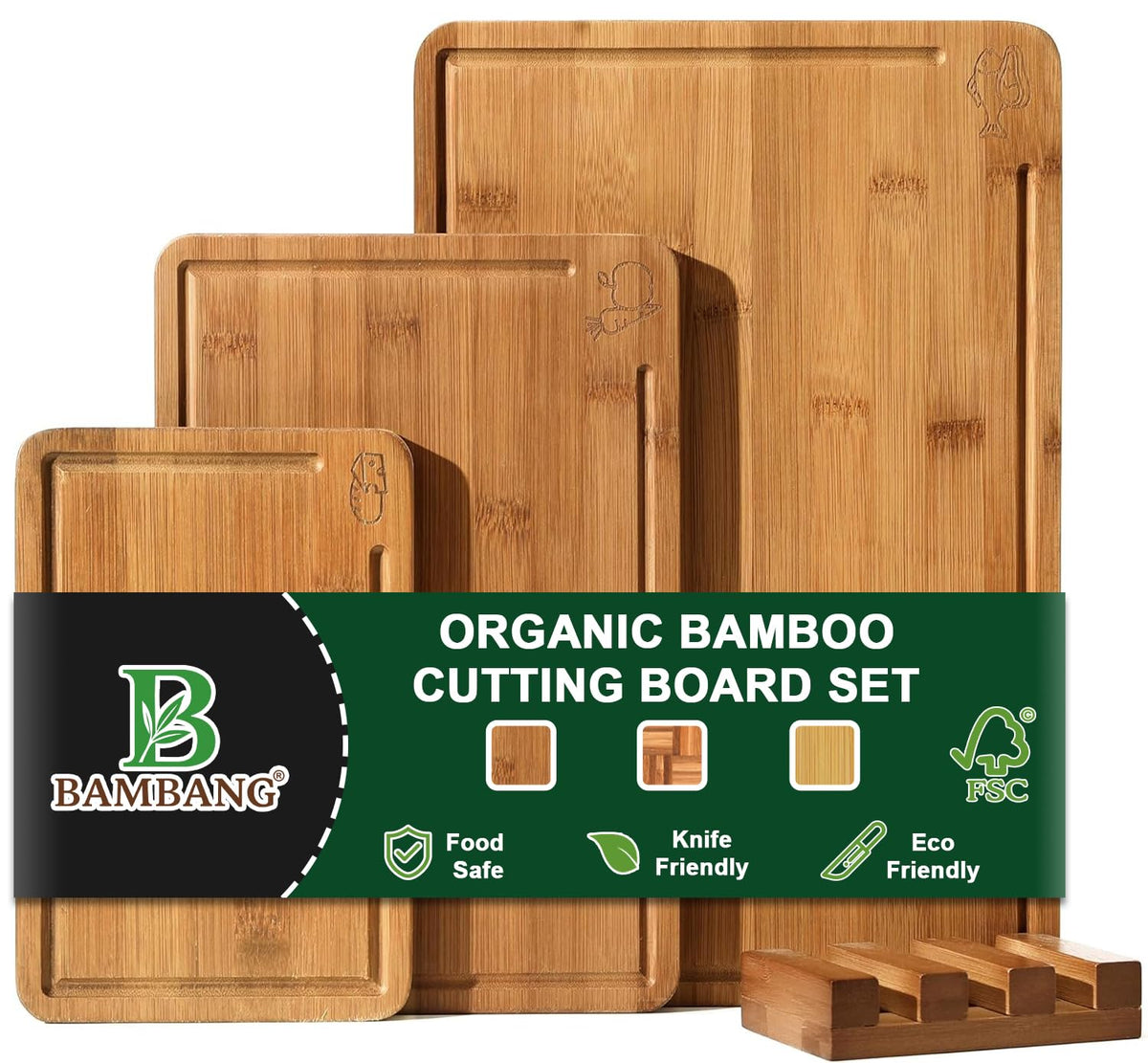 BAMBANG Bamboo Cutting Board, Dark Carbonized Chopping Boards Set of 3 with Stand, Butcher Block with Deep Juice Groove, Non-Toxic Wooden Cutting Boards for Kitchen Meal Prep & Serving