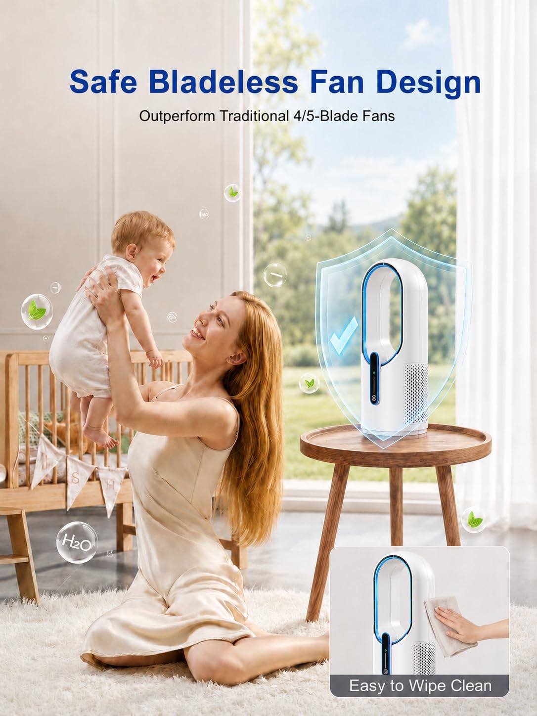 Misby Desk Fan, 11.8 Inch Portable Bladeless Fan, Small Quiet Rechargeable Fan with Battery, 3 Speeds, Touch Control, Easy to Clean, Personal Table Fan for Bedroom,Home,Office (White)
