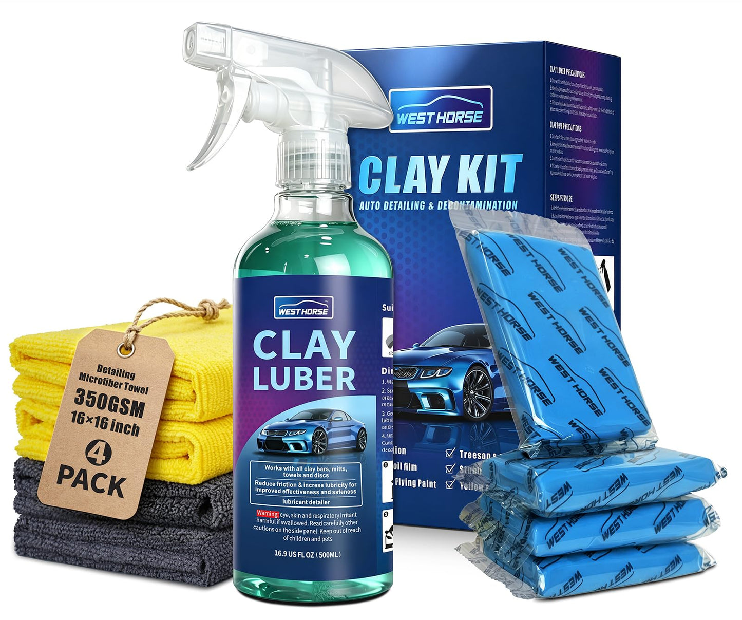 WEST HORSE Clay Bar Kit - 4 Pack 400g (4x100g) + 16.9 fl. oz Lubricant + 4 Pack Microfiber Cloth for Car Detailing