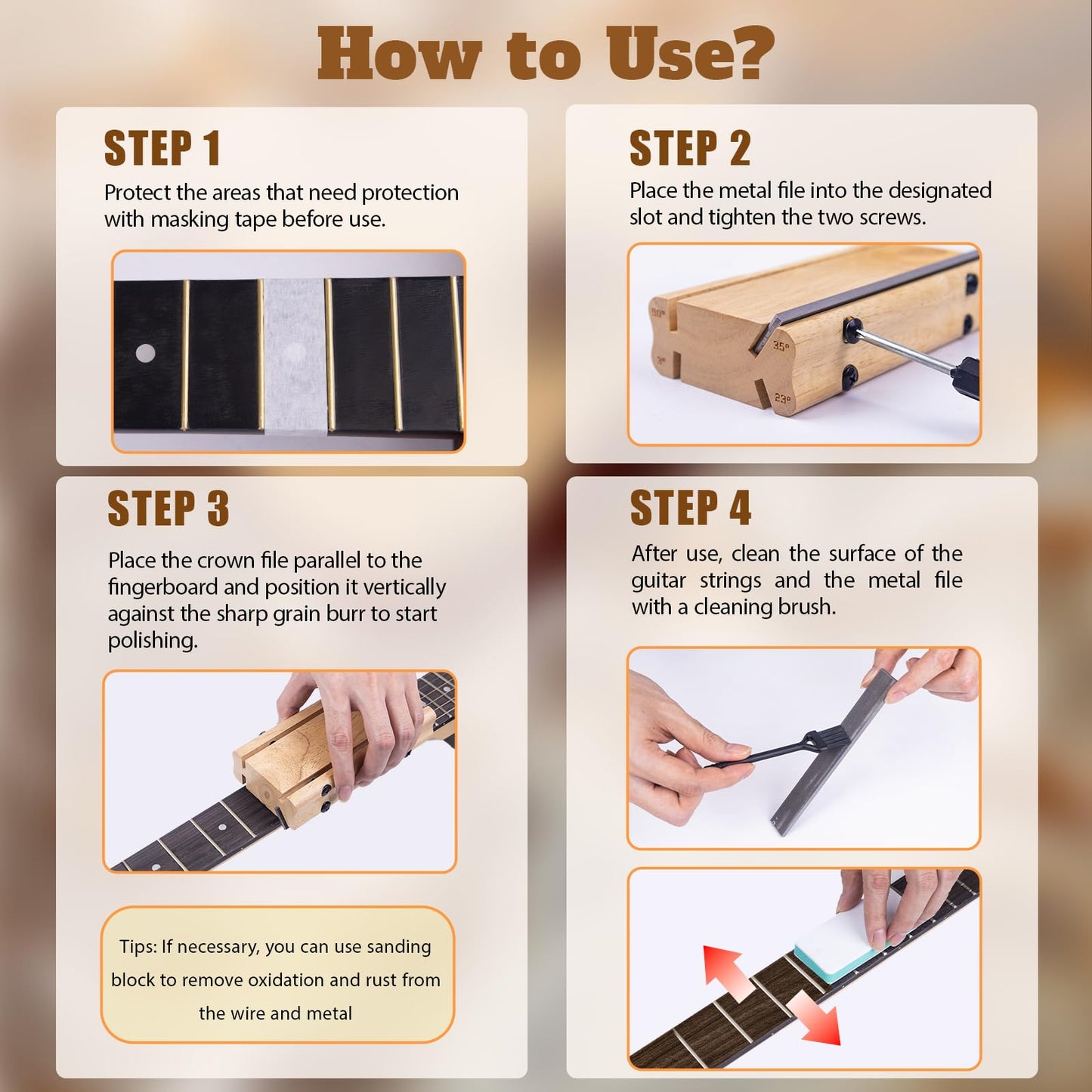 3/23/35/90 Degree Solid Wood Fret End Beveling File – 4 in 1 Guitar Fret Dressing, Crowning, Beveling & End Dressing File Tool – Complete Luthier Kit for Guitar, Bass, Ukulele & Banjo