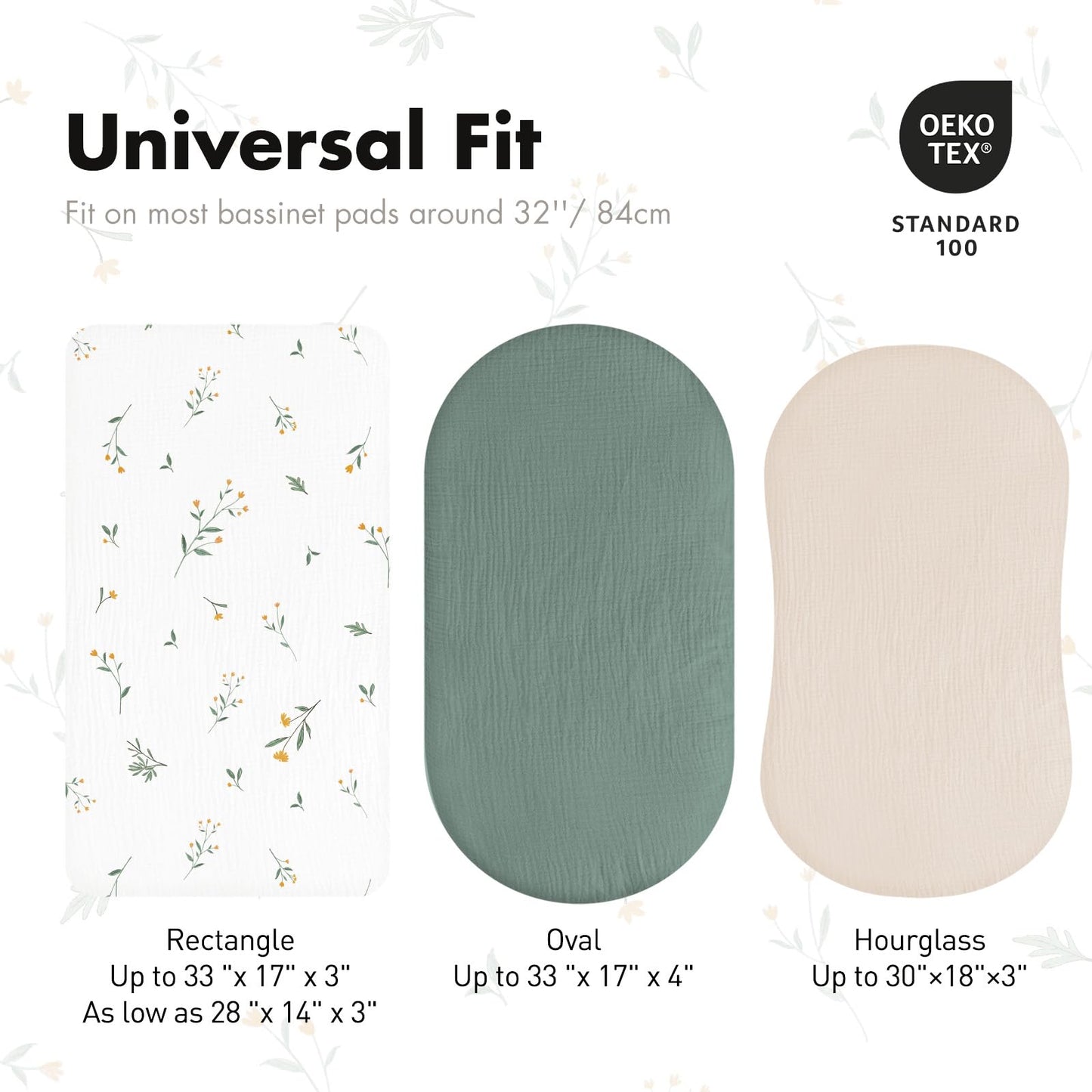 Gllquen Baby Muslin Bassinet Sheets 3 Pack, Breathable Elastic Cozy Fitted Cotton Bassinet Mattress Sheet for Baby Boy Girls, Fit for Hourglass Oval Rectangular Cradle Pad Sheets 33"x17" (Green)