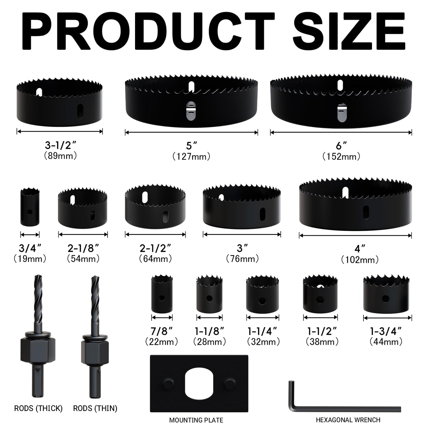 METOTY 17-Piece Hole Saw Set - High Carbon Steel 19-152mm（3/4" to 6"） Blades for Drywall, Soft Wood, Plastic, PVC
