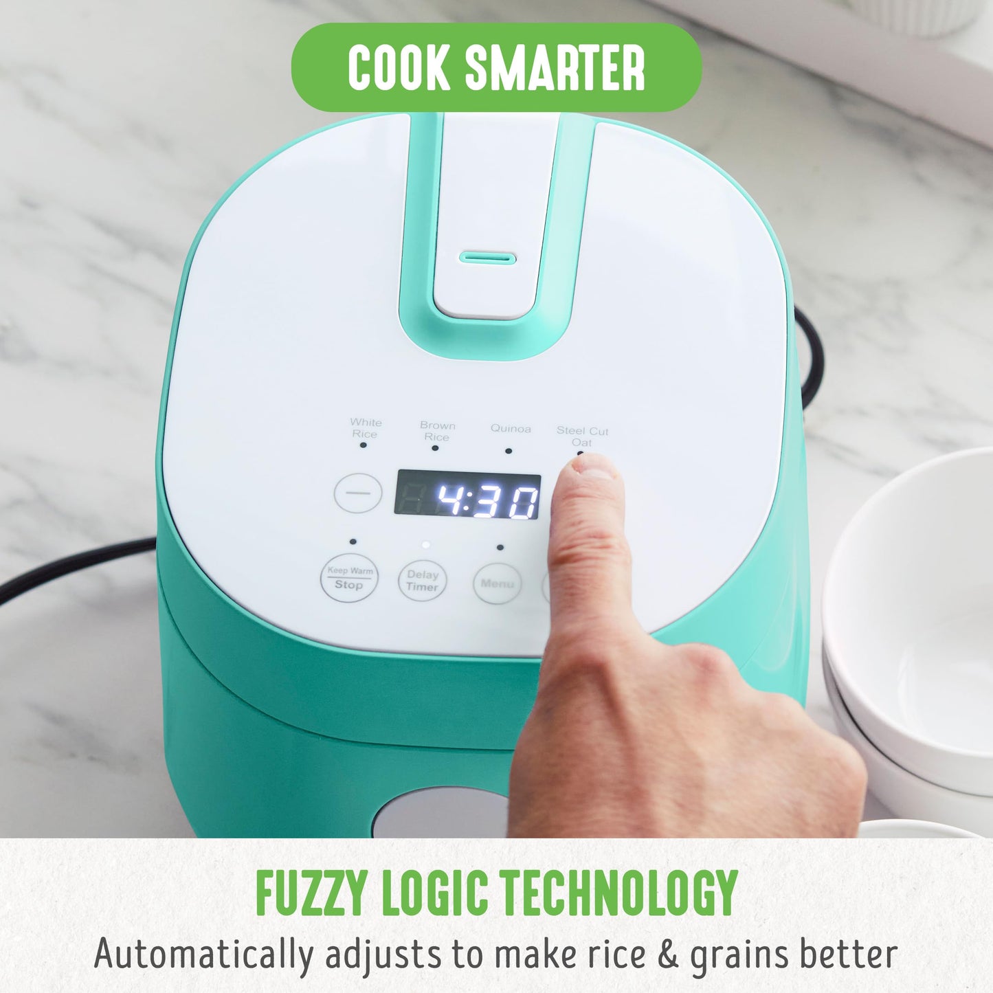 GreenLife 4-Cup Digital Rice Cooker, PFAS & PFOA-Free Removable Ceramic Dishwasher Safe Pot, Healthy Cooking Oats Grains & More, Auto Presets, Touch-screen, Delay & Keep Warm, Paddle Included, Turquoise