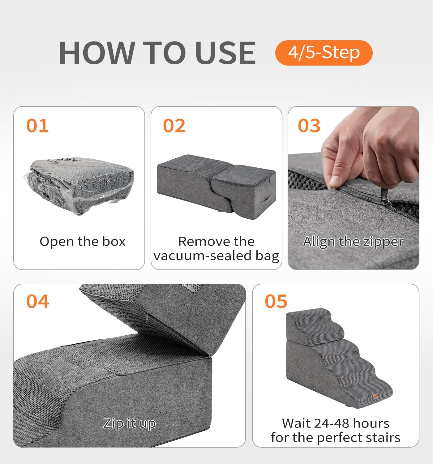 Made4Pets Dog Stairs for Small Dogs High Beds 5-Step, Curved Pet Stairs for Bed Couch Sofa & Chair, 35D Foam Dog Steps with Non-Slip Bottom, Folding Cat Stairs with Leakproof Cover, 22.8" H, Grey