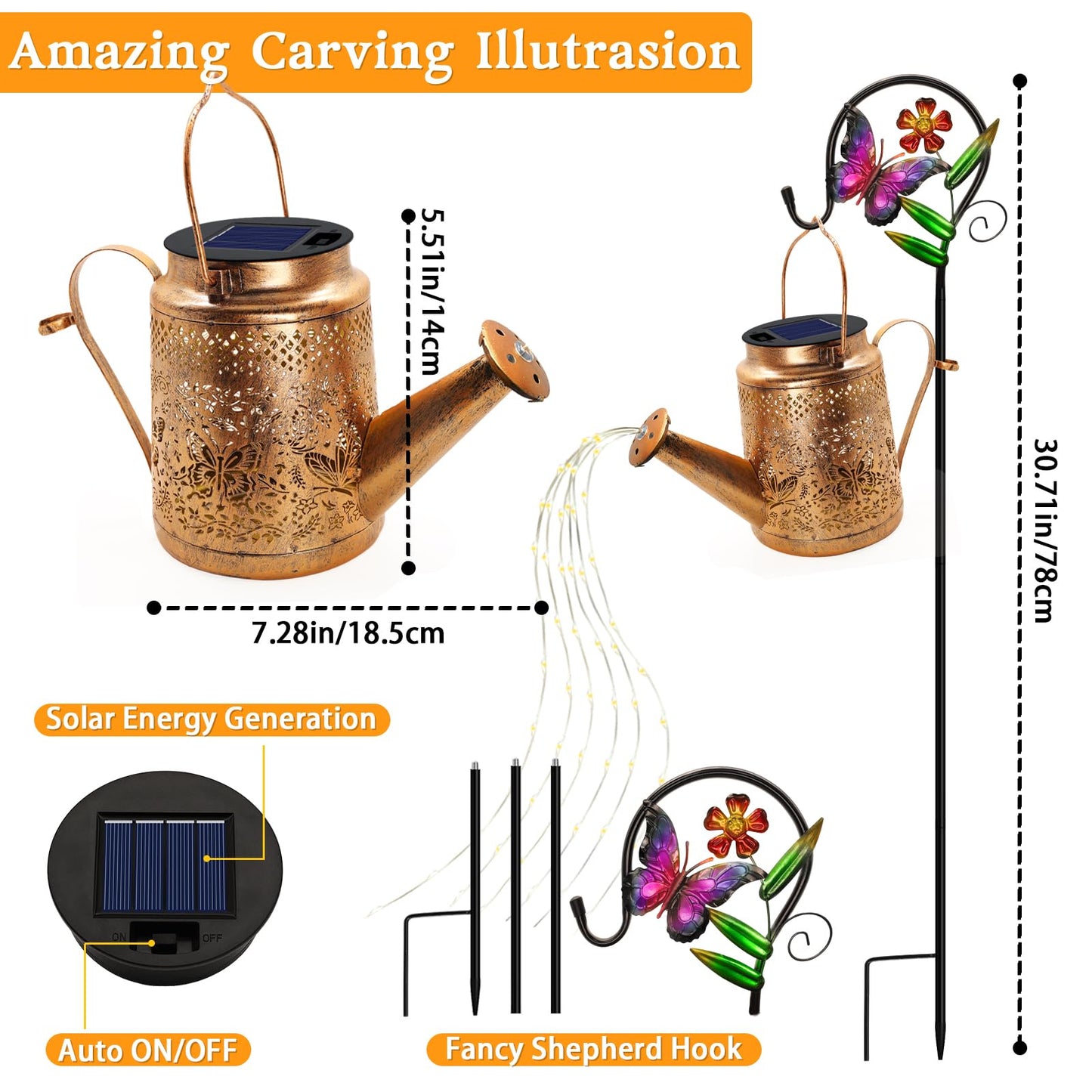 Solar Powered Butterfly Watering Can Lights Waterproof Outdoor Garden Decor with Shepherd Hook Hanging Patio Lights for Yard, Porch, Backyard Perfect Gardening & Birthday Gift for Women, Mom, Grandma