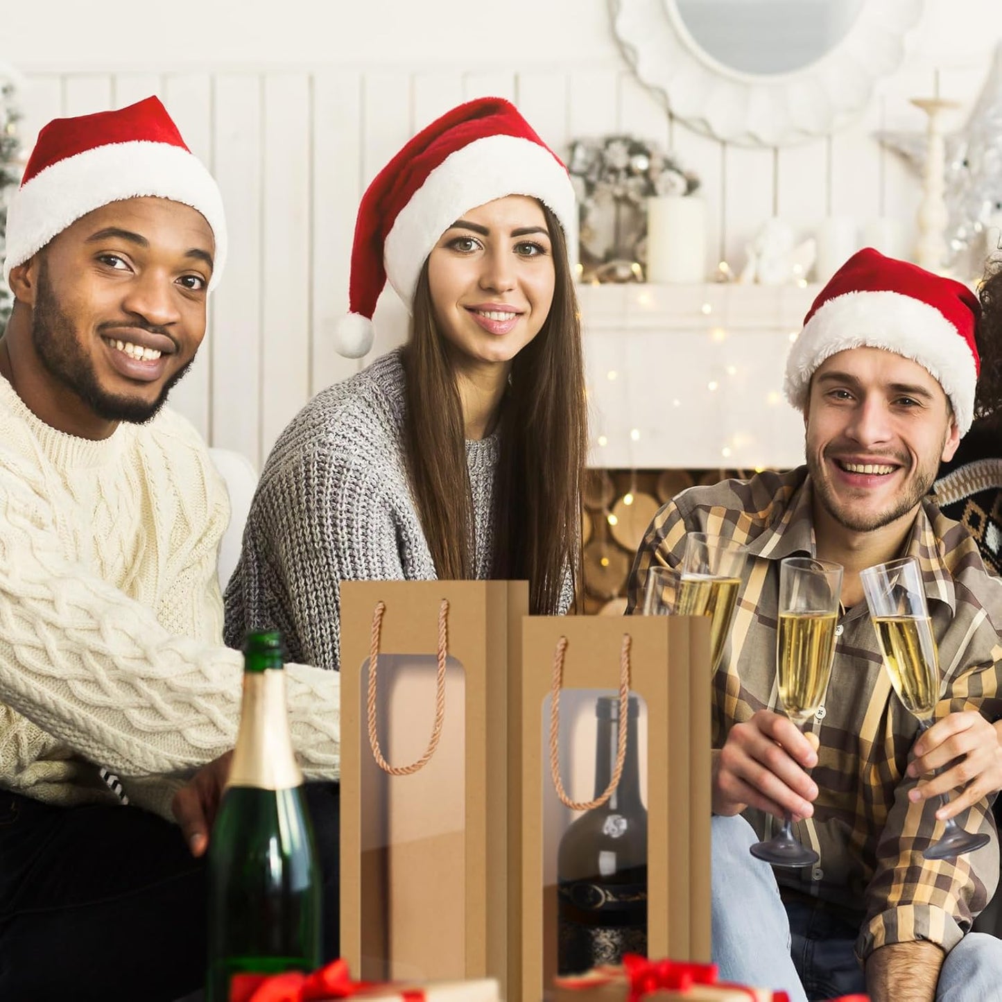 50 Pcs Clear Window Wine Gift Bags with Handles Flower Bulk for Mom New Year Holiday Birthday