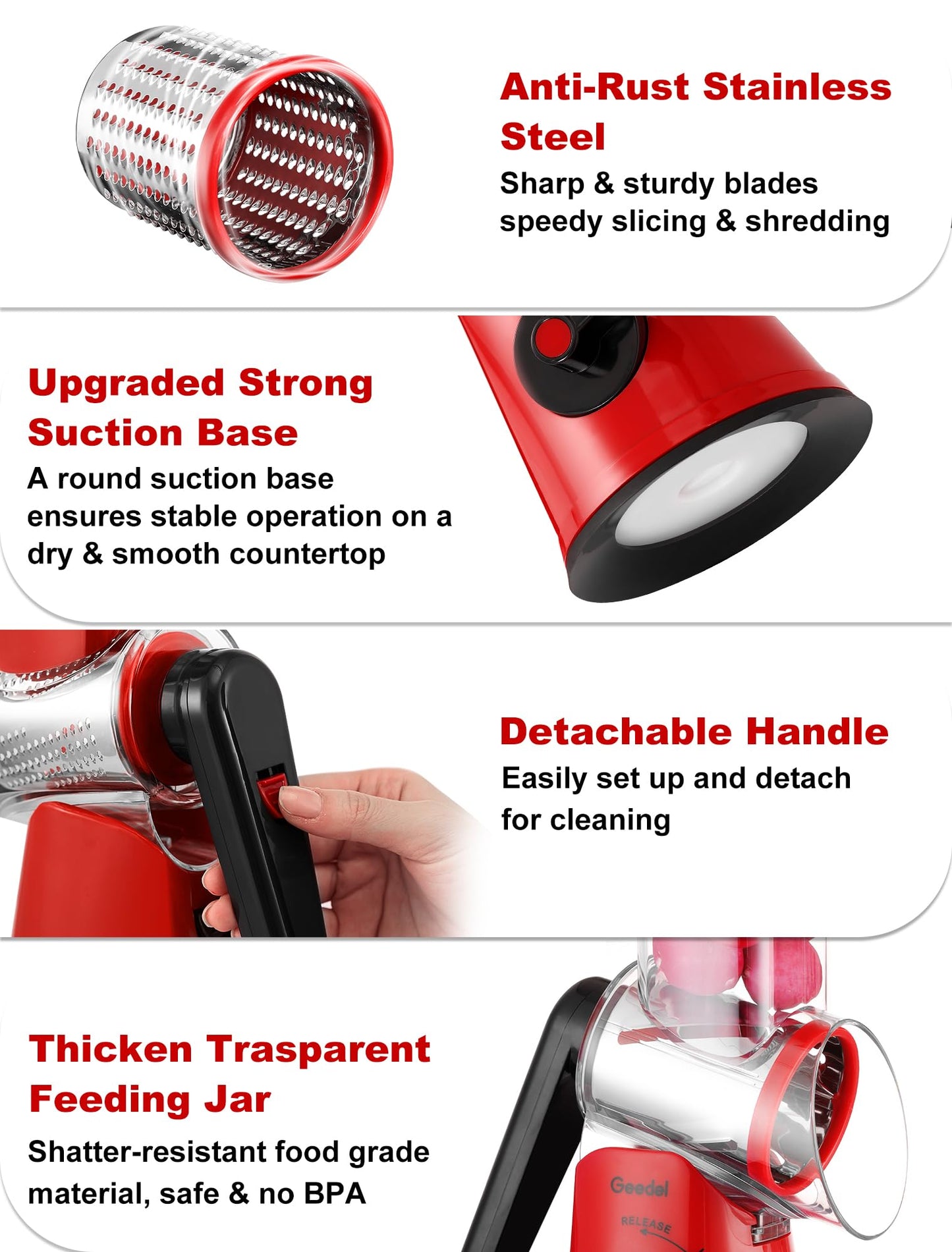 Geedel Rotary Cheese Grater Vegetable Shredder with 6 Interchangeable Blades No Slip Suction Base, Mandoline Slicer & Food Chopper for Cheese, Ice, Nuts, Vegetables, Veggie