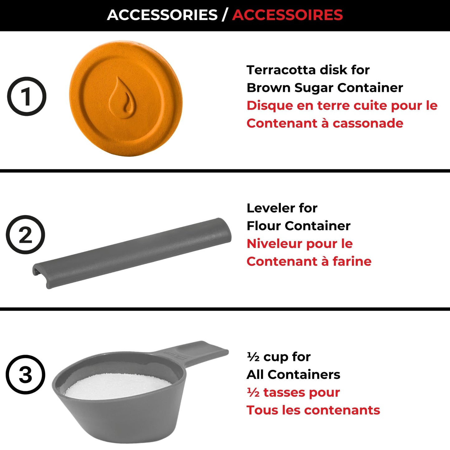 Starfrit PROKEEPER Dry Food Storage Container Set, 3 Airtight Containers for Flour, Sugar, Brown Sugar with Measurement Graduations, Airtight Silicone Seal, with Accessories