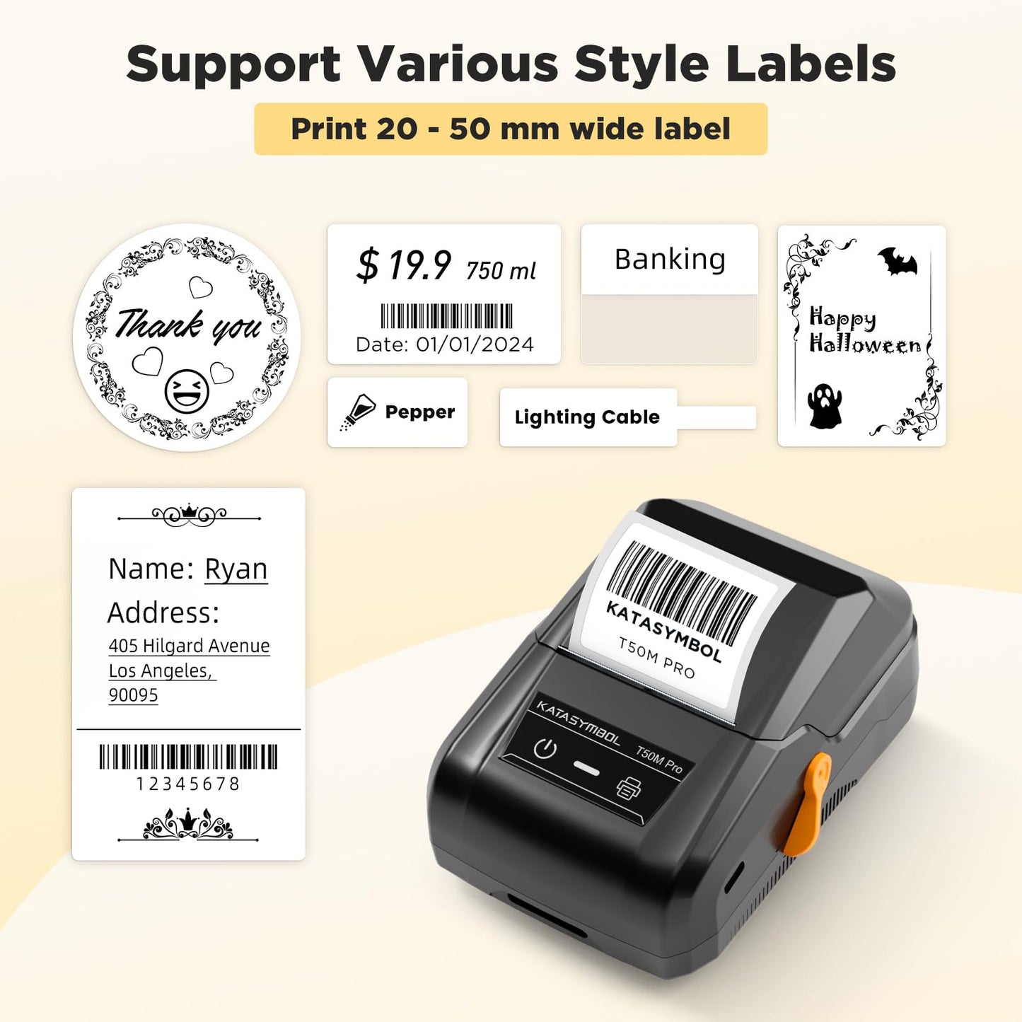 SUPVAN T50M Pro Bluetooth Label Maker Machine with 3 Tapes, Wide Waterproof Label, Versatile App with 30 Fonts and 660+ Icons, Inkless Labeler for Home, Kitchen, School, Office Organization, Black