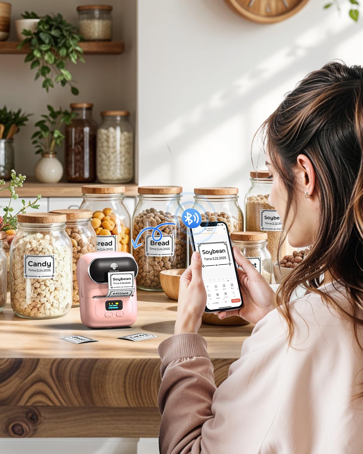 Phomemo M110 Label Maker- Portable Mini Bluetooth Thermal Label Printer Apply to Labeling, Office, Cable, Retail, Barcode and More, Compatible with Android & iOS System, with 1 40×30mm Label, Pink