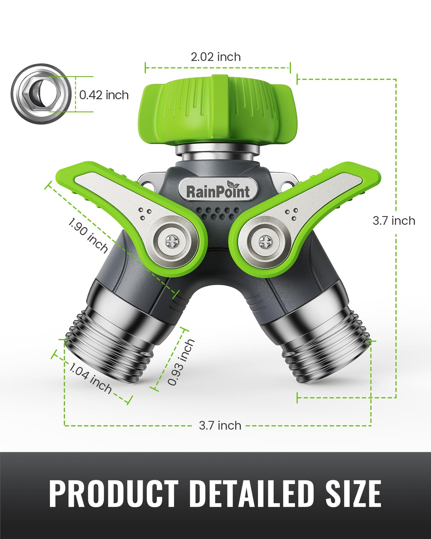 RAINPOINT Garden Hose Splitter, Heavy Duty Outdoor Faucet and Water Hose Splitter, All-Metal Water Hose Connector with Shut-Off Valve, 3/4" GHT Thread(Green)