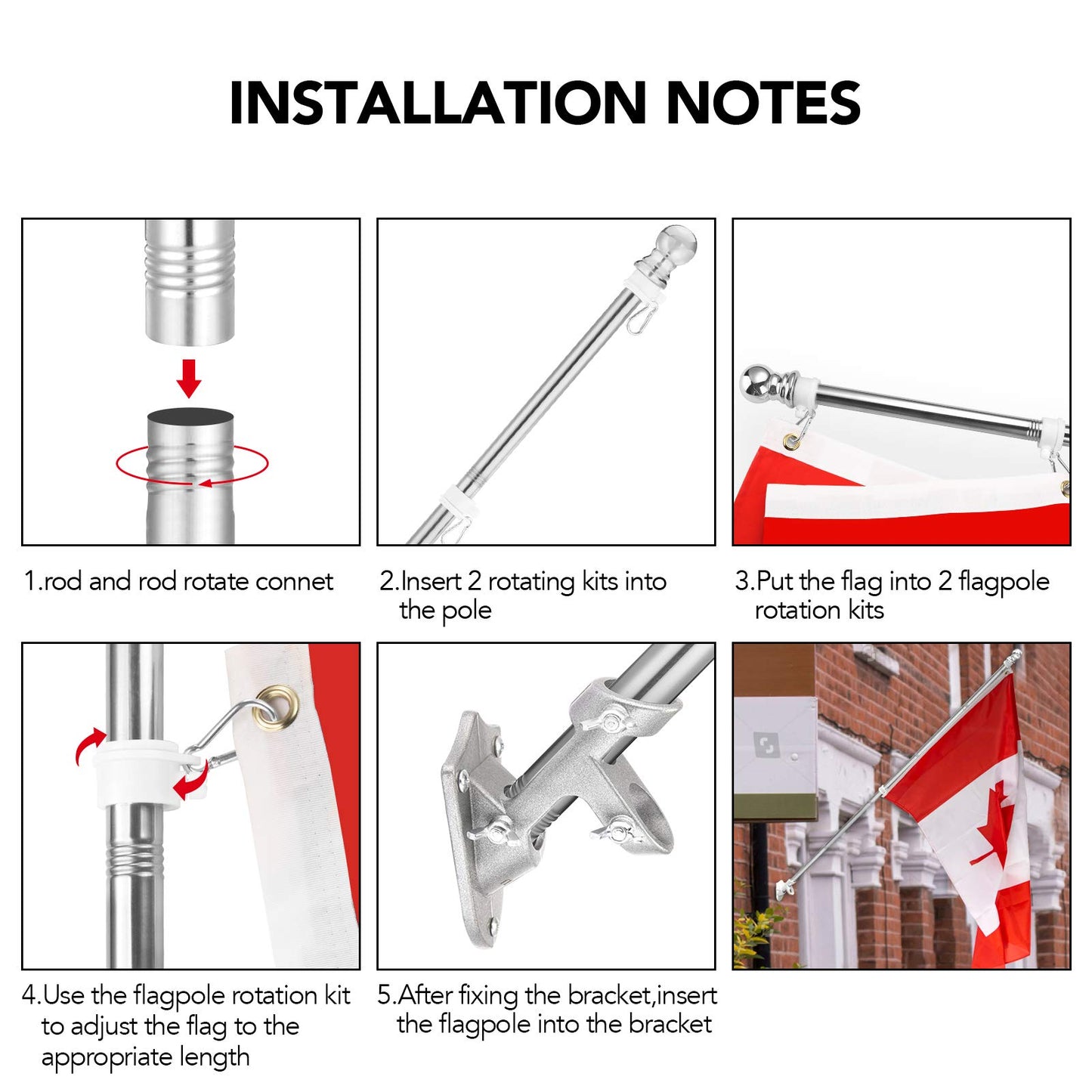 Yeesun Flag Pole,6FT Canada Flagpole with Mounting Bracket and 3’ x 5’ Canada Flag for House Porch & Outdoor Use,360° Tangle Resistant Technology and Wall Mount Flag Pole Kit (Silver)