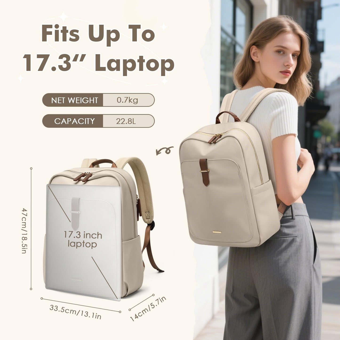 GOLF QUALITY Laptop Backpack for Women,Casual Work Business Backpacks Purse Carry on Travel Backpack,14 Inch,Apricot