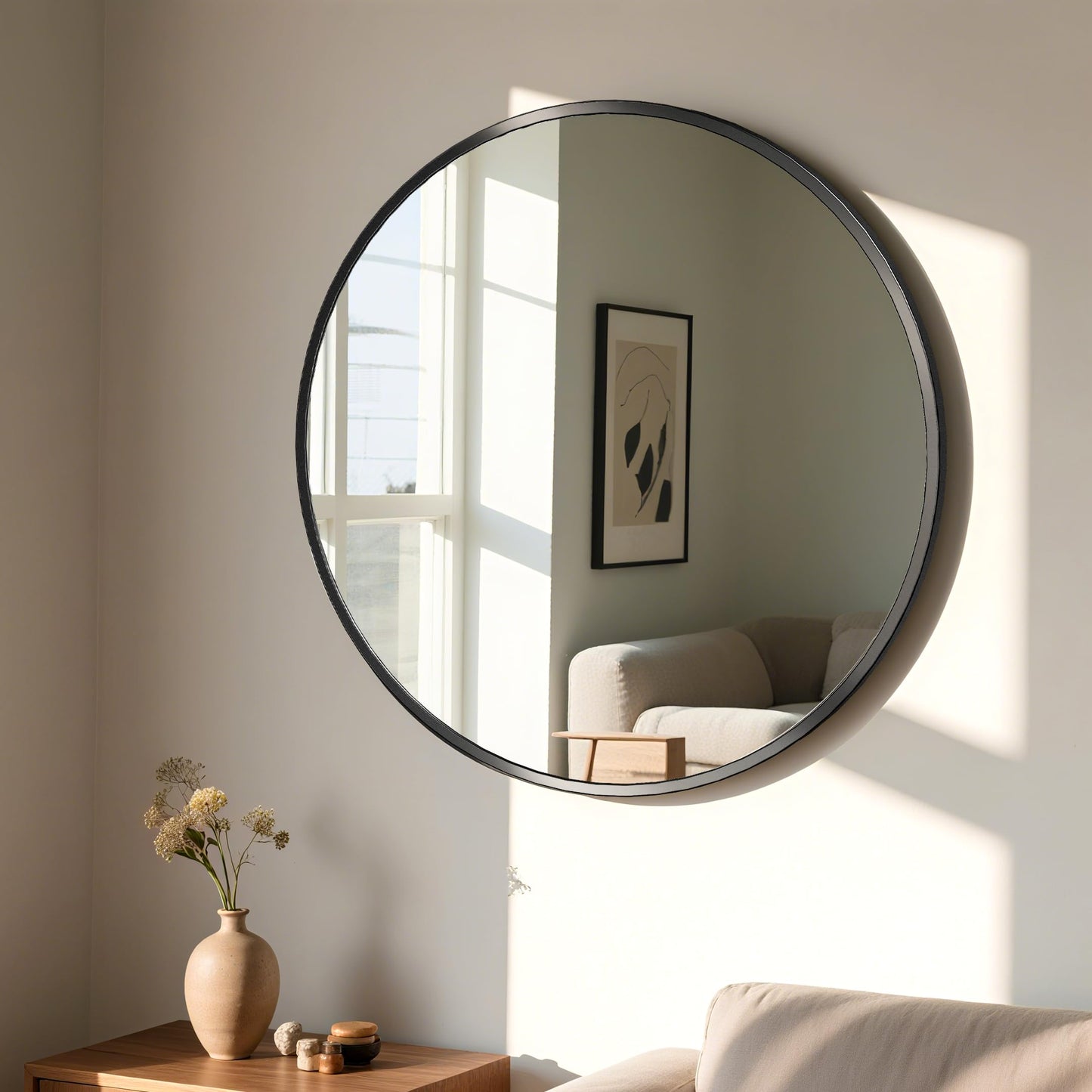 CUCZUUS Wall-Mounted Round Tempered Glass Mirror, Bathroom Vanity Mirror, Modern Style, Aluminum Alloy Frame, Circle Mirrors for Living Room, Bathroom, Vanity, Entryway (Black, 50x50 cm)