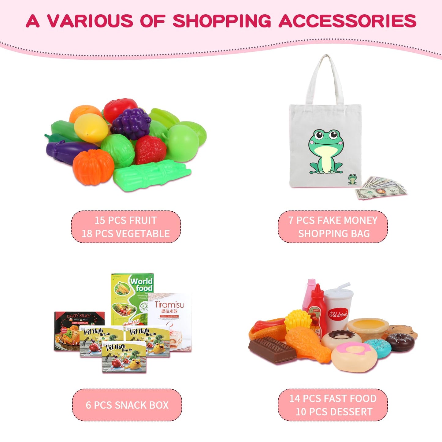 Toddler Shopping Cart - 2 in 1 Toy Grocery Cart for Kids with Pretend Play Food Toys for Girl, 72pcs Toy Shopping Cart Paly Money, Gift for 3 4 5 6 Year Old Girl Boy