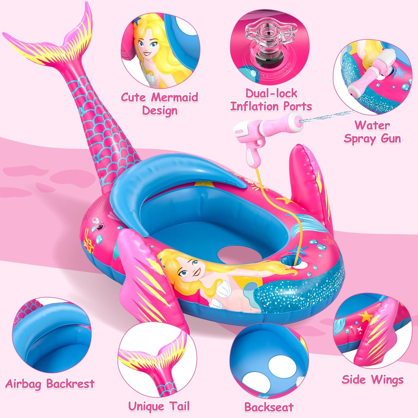ASDGZD Pool Floats for Kids with Water Gun, Mermaid Toddler Inflatable Pool Toys for Kids Age 3-8 Years Old, Summer Outdoor Water, Beach, Swimming Pool Toys Gift for Girls and Kids