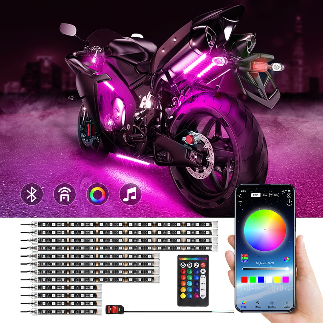 MAODANER 12pcs Motorcycle underglow LED Light Kit, RGB Motorcycle LED Interior Strip Lights with Music Mode, Brake Light Function Waterproof Motorcycle Accessories - Wireless APP Control, DC 12V