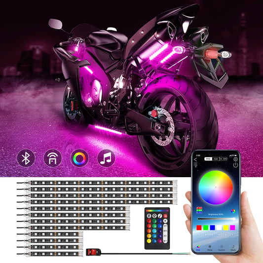 MAODANER 12pcs Motorcycle underglow LED Light Kit, RGB Motorcycle LED Interior Strip Lights with Music Mode, Brake Light Function Waterproof Motorcycle Accessories - Wireless APP Control, DC 12V
