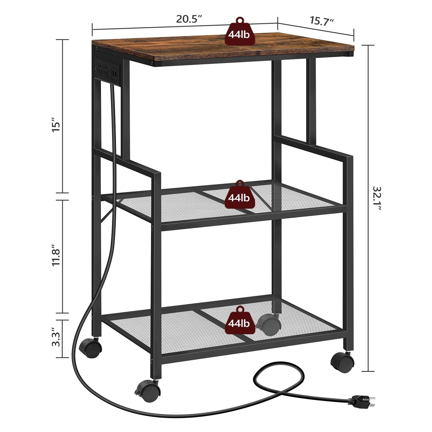 MAHANCRIS Mobile Printer Stand, 3-Tier Industrial Rolling Printer Storage Cart with Power Outlets and 2 USB Ports, Printer Table with Wheels for Home Office, Living Room, Rustic Brown PTHR78E01