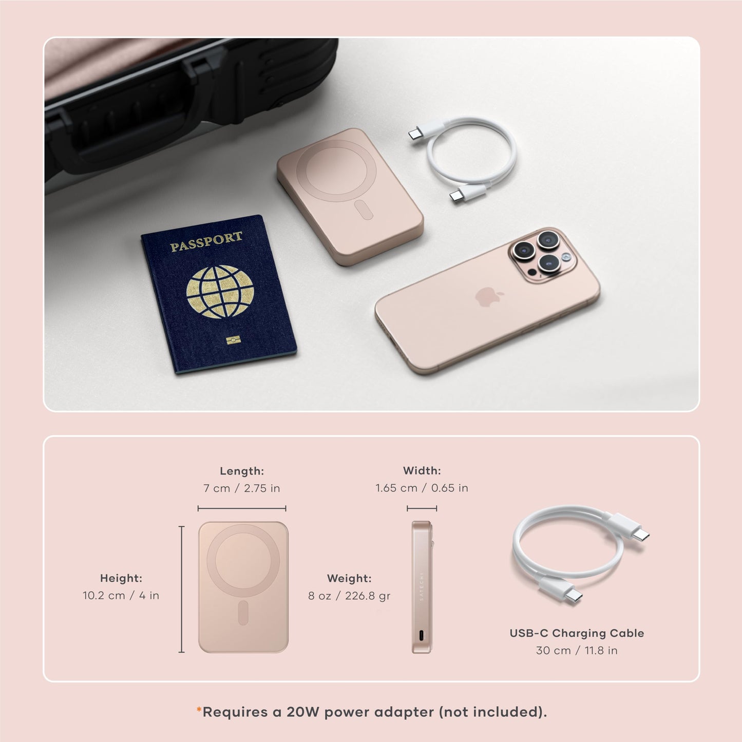 Satechi OntheGo Power Bank, Qi2 Power Bank 10000mAh, 15W Fast Charging, Portable Battery Pack with Stand for iPhone 17 to 12 Series, Android – Desert Rose