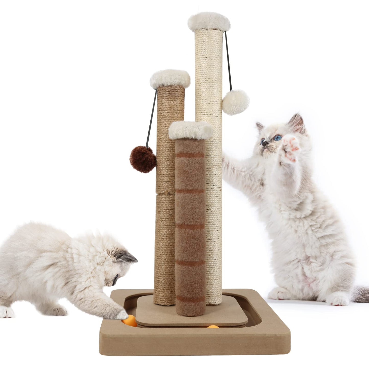 AUSCAT Cat Scratching Post with 3 Scratching Poles, Vertical Sisal Cat Scratcher with Dangling Balls & Track Balls, Scratching Post for Indoor Cats and Kittens