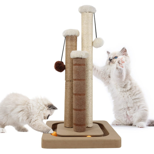 AUSCAT Cat Scratching Post with 3 Scratching Poles, Vertical Sisal Cat Scratcher with Dangling Balls & Track Balls, Scratching Post for Indoor Cats and Kittens