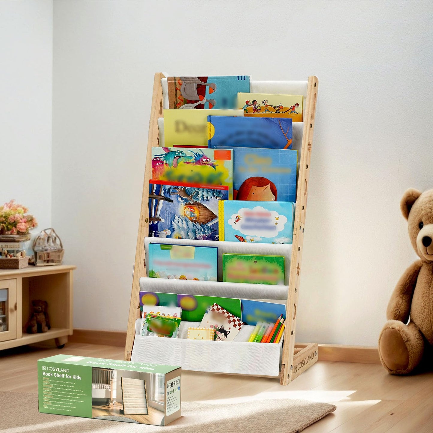 COSYLAND Fabric Book Shelf for Kids Rooms - 6 Tiers Nursery Book Shelves for Playroom Classroom - Bookcase Display Shelf for Toddler (Natural, 45 Cm Wide)