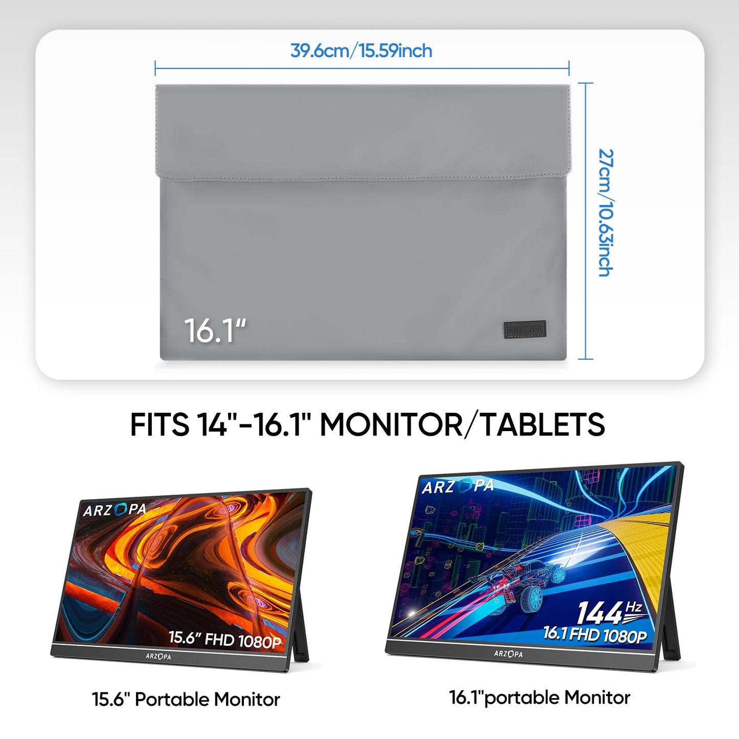 ARZOPA 16.1" Portable Monitor Sleeve Bag, PU Leather Case, Grey