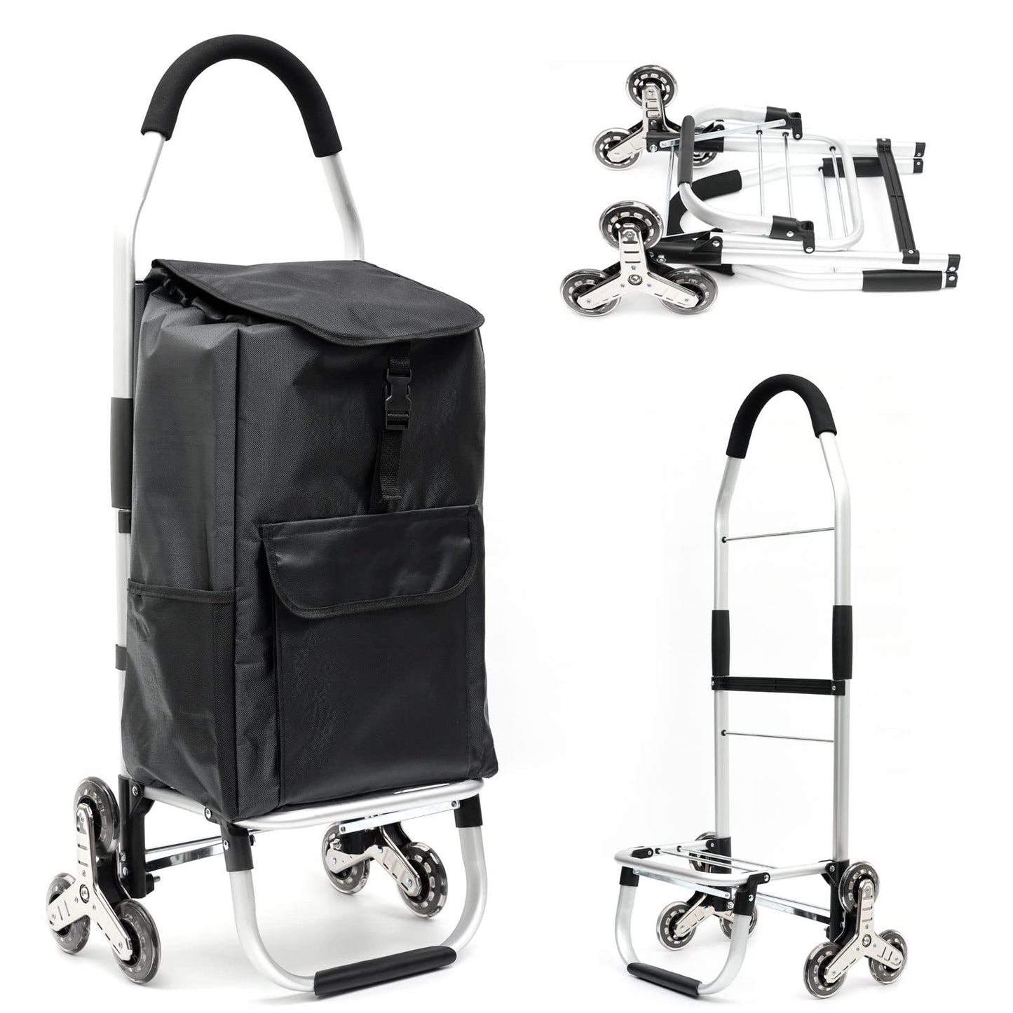 Folding Shopping Cart for Groceries Loading Stair Climbing Portable Folding Grocery Cart with Tri-Wheel Metal Utility Trolley Bigger Waterproof Shopping Bag, Adjustable Elastic Rope