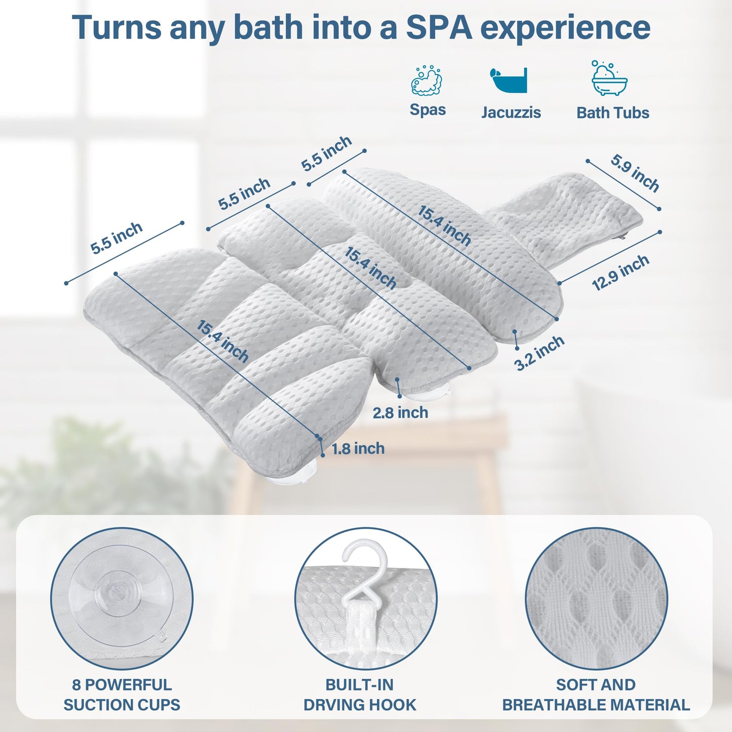 Bath Pillow Bathtub Pillow for Tub Luxury Bath Tub Pillows for Tub Neck and Back Support with 4D Air Mesh Fabric and 8 Strong Powerfull Non-Slip Suction Cups Relaxing Bath Accessories Spa Gifts, White
