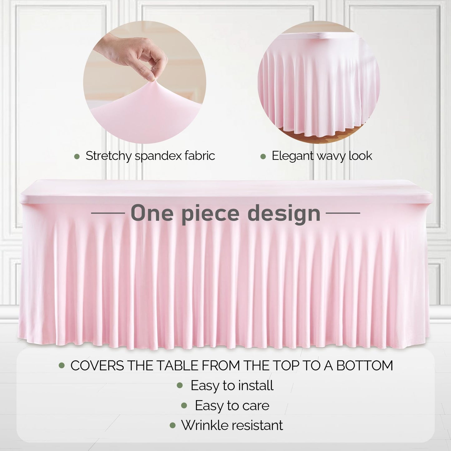 2 Packs Pink Table Clothes for 6 Foot Rectangle Tables, One-Piece Wrinkle Resistant Stretch Spandex Table Covers with Skirt for Event Banquet Wedding Birthday Party