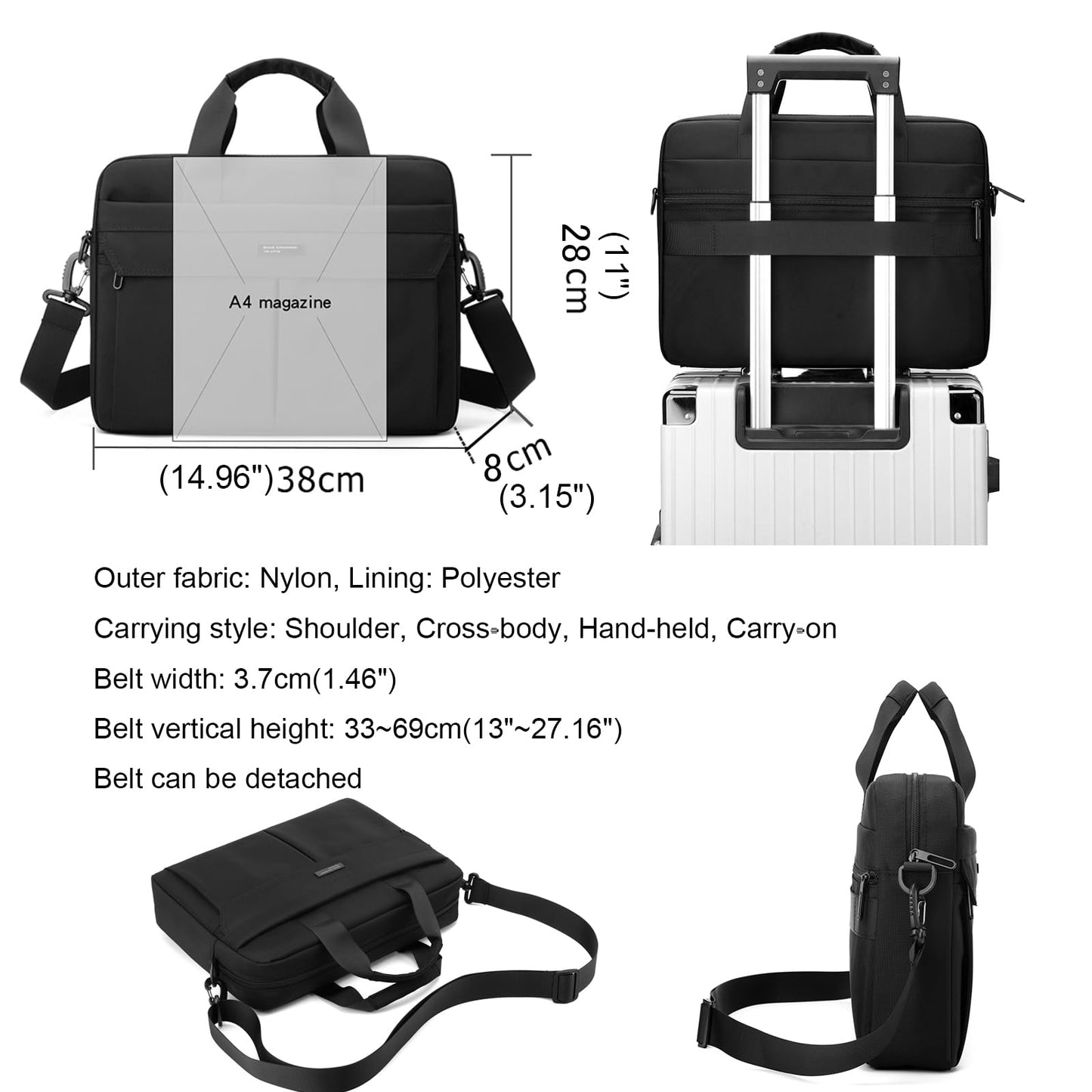 Laptop Bag 14 Inch Briefcase for Men Women Waterproof Nylon Lightweight Compact, Shoulder Messenger Handbag for Business Office Work Travel College Black