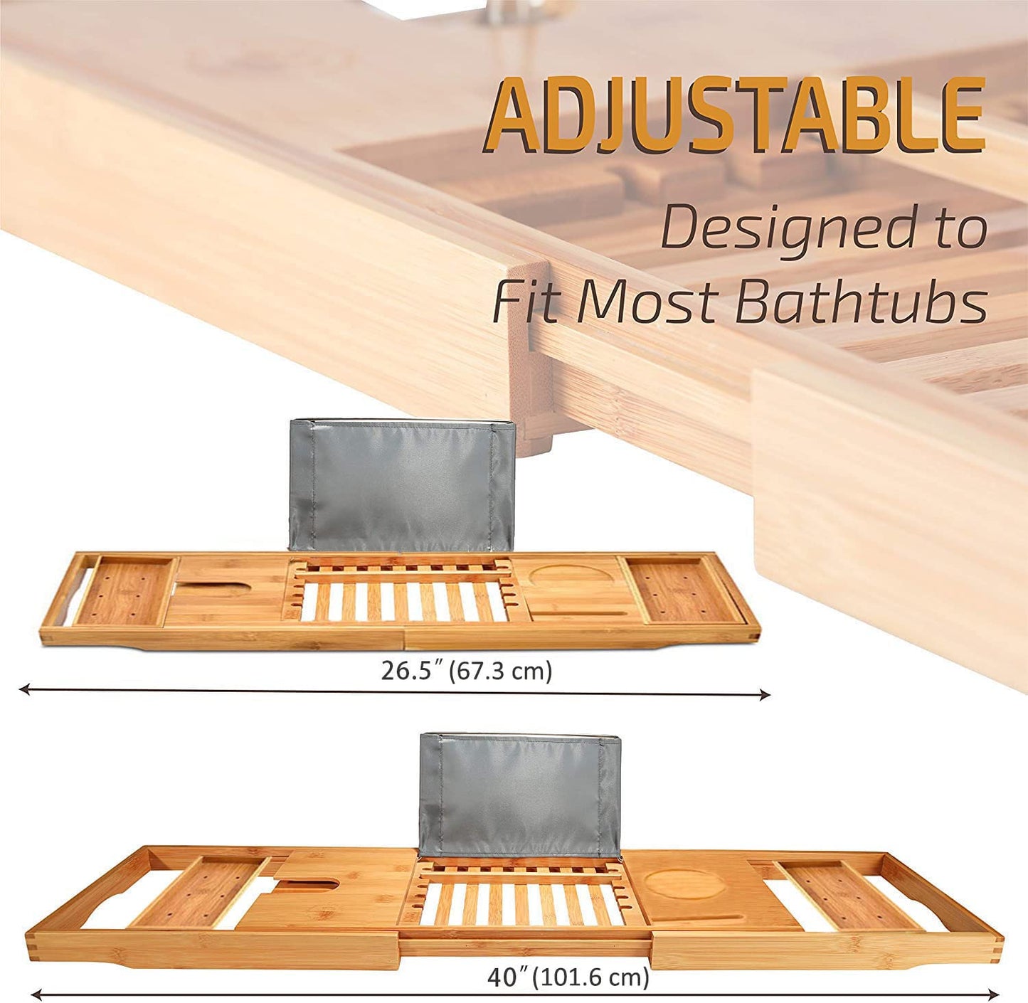 Bamboo Bathtub Caddy Tray, Bath Tub Tray with 12-in-1 Features Adjustable Bathtub Table, Non-Slip and Holds Books/Tablets/Cell Phone/Towels/Foods/Wineglass/Soap Dish (Double Box)