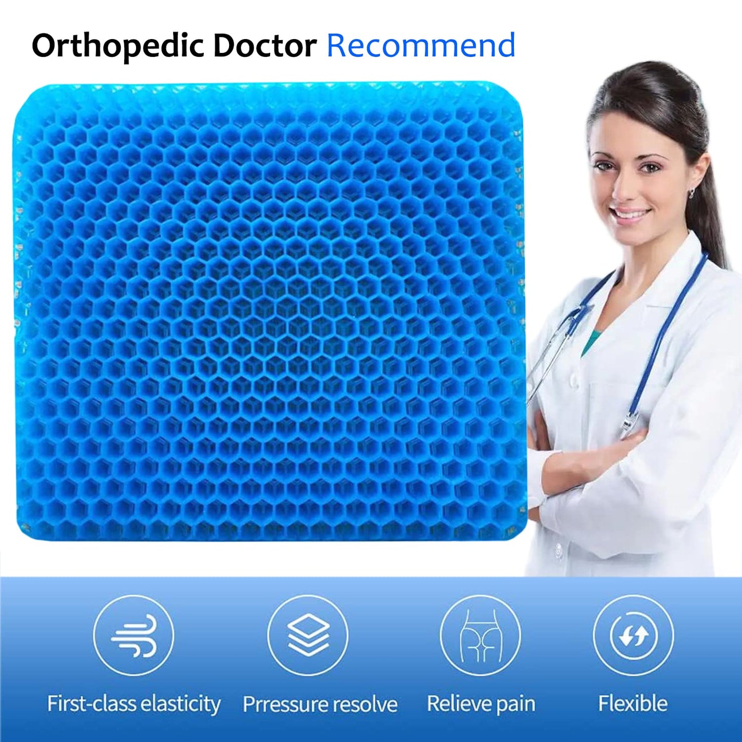 Gel Seat Cushion for Long Sitting, Extra Thick Gel Cushion for Wheelchair Soft Chair Pads for Office Home Chairs Car Seats Long Trips - Back Sciatica Hip Tailbone Pain Relief Cushion (Blue)