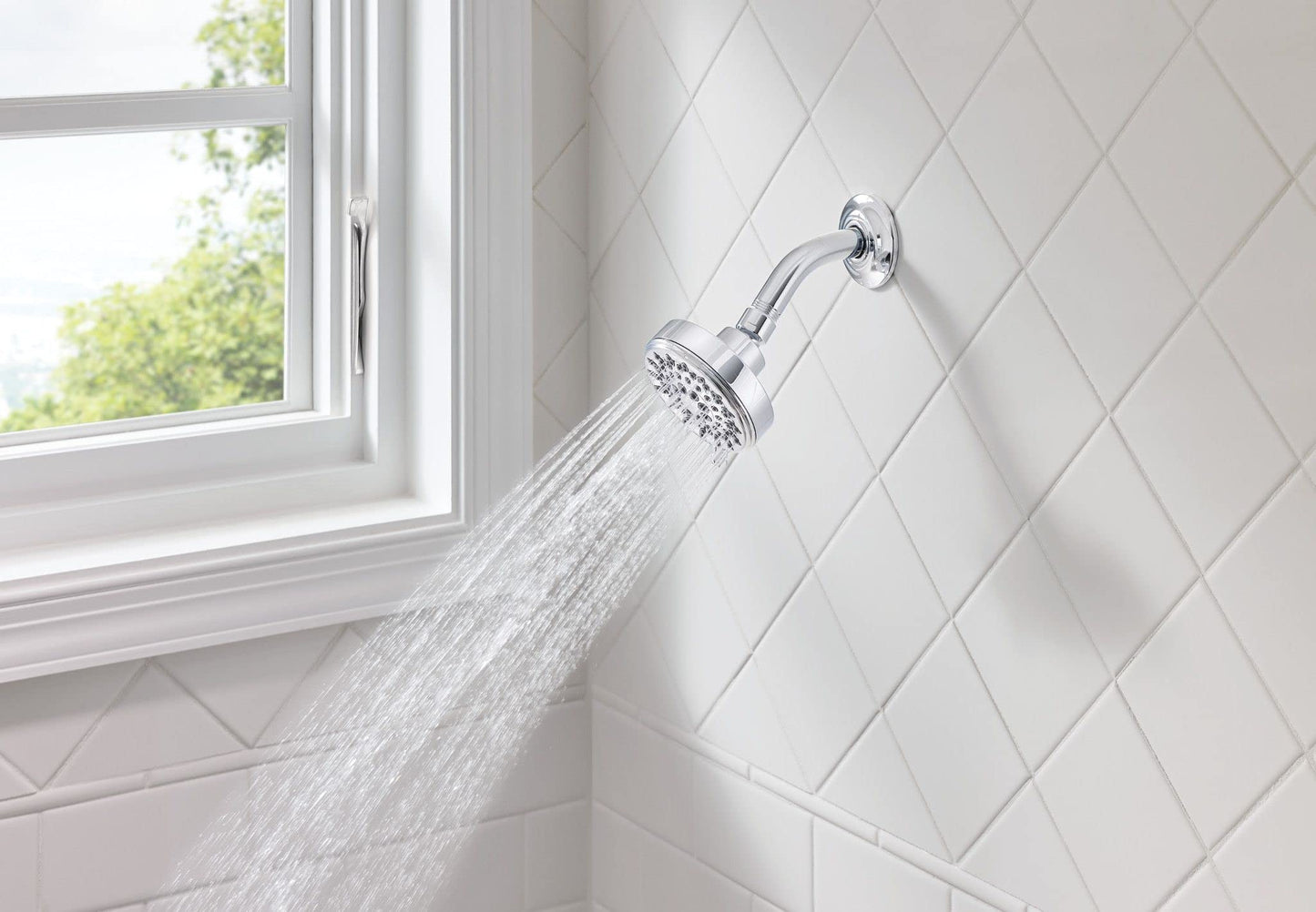 Moen 20090 Five-Function 3.75" Diameter Spray Head Wallmount Showerhead, Chrome