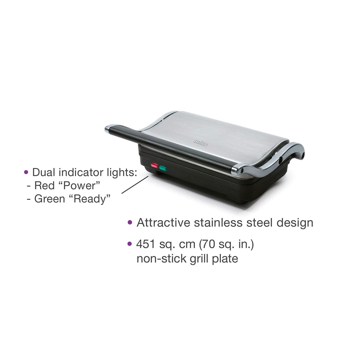 Salton Stainless Steel Electric Grill & Panini Press with Floating Hinged Lid for any Sandwich Thickness, Indicator Lights & Non-Stick Grill, 7" X 10", 1000W