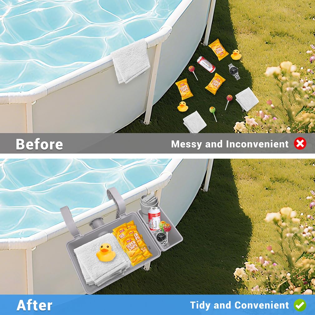 2 Pack Poolside Storage Basket - Swimming Pool Storage Baskets with Cup Holders Above Ground Pool Accessories Versatile Organizer for Pool Toys,Towels,Beverages, Fits 3 Inch or Less Top Rail