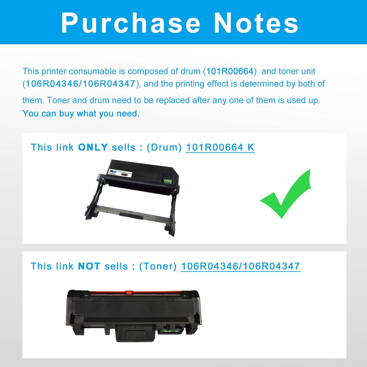 LCL Compatible 101R00664 Drum Unit Replacement for Xerox B205 B210 B215 Drum Cartridge for Xerox B205NI B205MFP B210DNI B215DNI B215MFP Printer (1-Pack Black- 10,000 Pages)