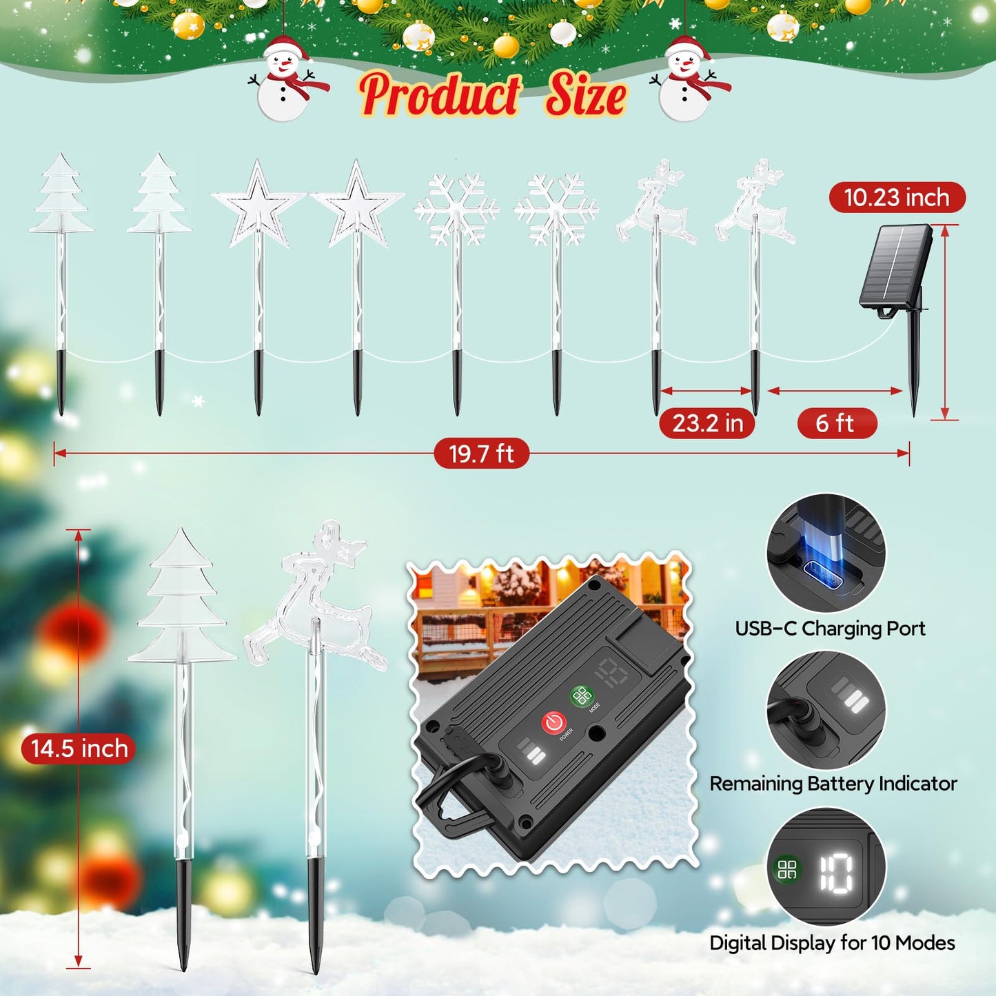 8 Pack Christmas Decorations Outdoor, 10 Modes Solar Christmas Pathway Lights Outdoor Waterproof with USB Charge, Solar Christmas Garden Stake Warm Lights for Christmas Decorations Yard
