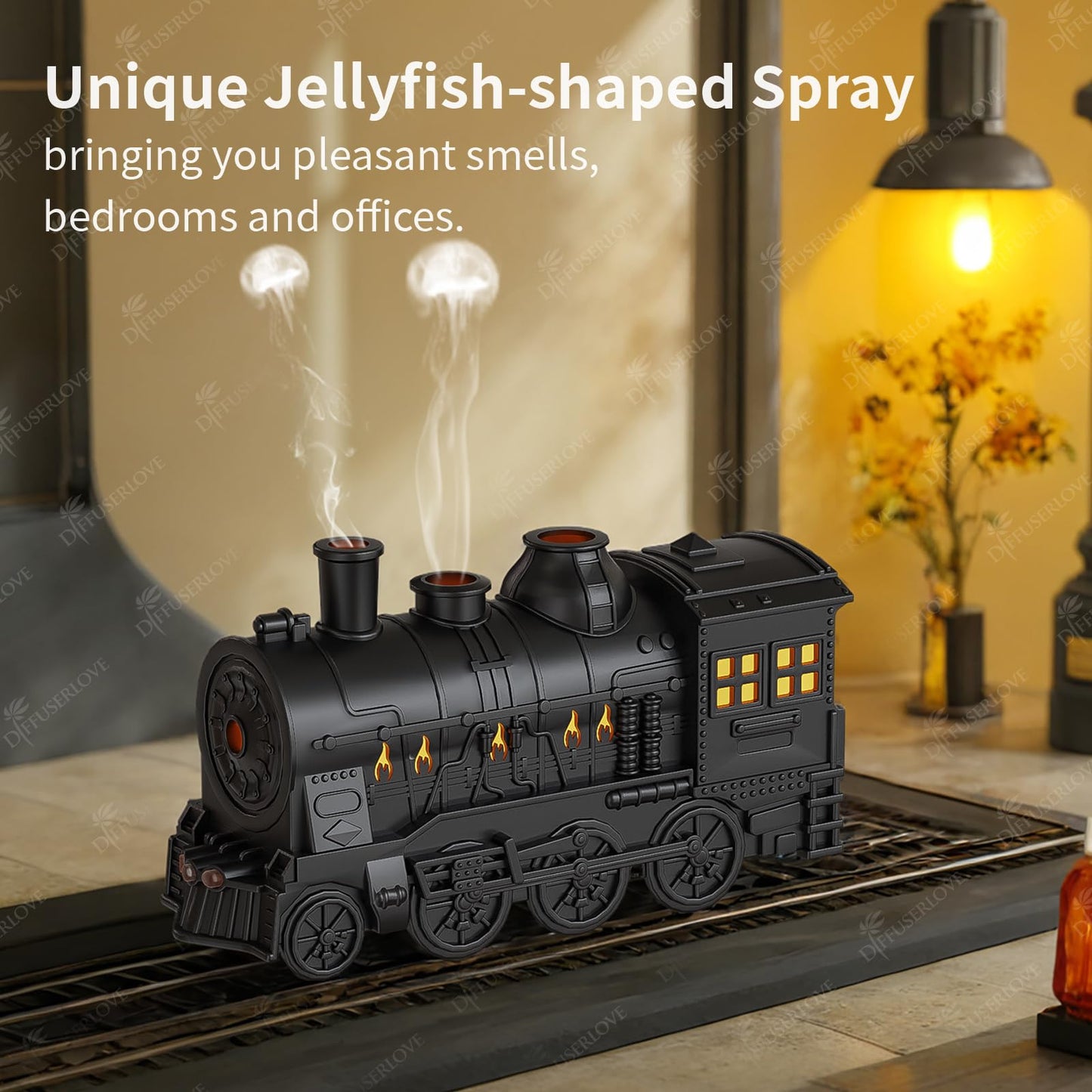 Diffuserlove Essential Oil Diffuser 300ML Train Cool Mist Humidifier Quiet Aromatherapy Diffuser with Night Light for Bedroom Desk
